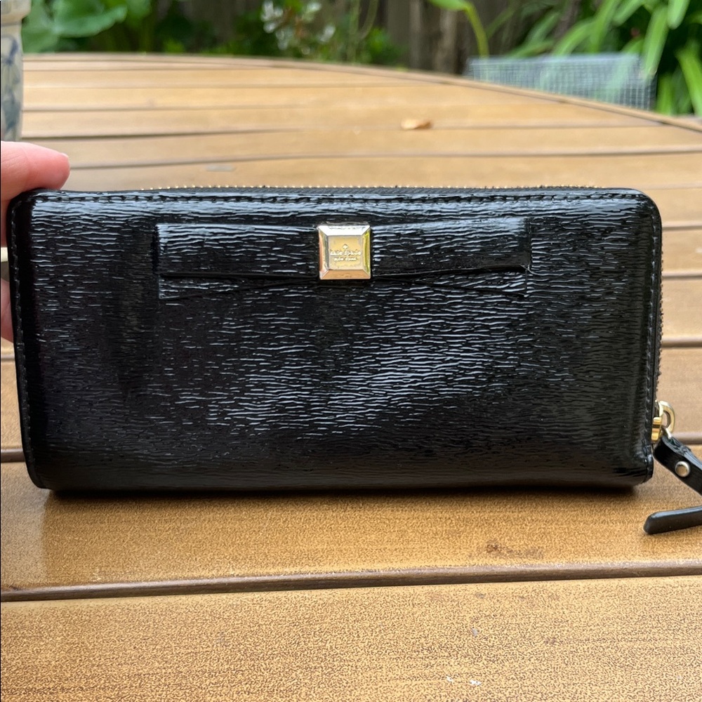 kate spade Black Patent Leather Zip Around Wallet with Gold Accent